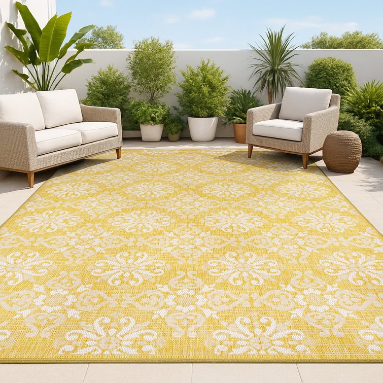 Duglas Traditional Mediterranean Tile Design Yellow/Cream Indoor/Outdoor Rug