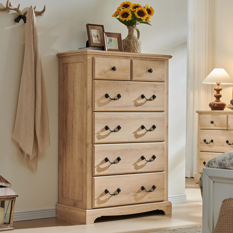 Krijna 32" W  Vintage 6 Drawers Dresser Chests, Wood Rustic Tall Chest of Drawers, Natural Oak