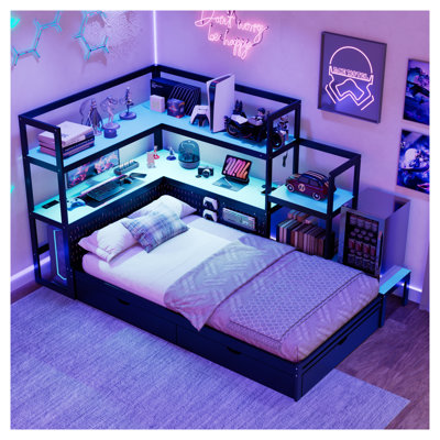Twin Size Gaming Daybed with Integrated Desk, LED Lights & Charging Station - Modern Wood Bed Frame with Bookcase Headboard and Storage Drawers for Kids Bedroom