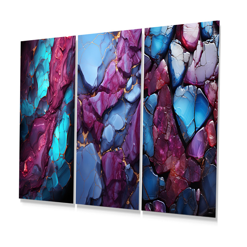 Volcan de marbre bleu et mauve sans soudure I - formes abstraites modernes en métal, ensemble de 3, H 32 po x l 48 po