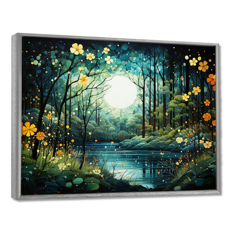 Forêt enchantée de Beres, pointillisme I - forêt, art mural, H 24 po x l 32 po x P 1 po, Encadrement argenté