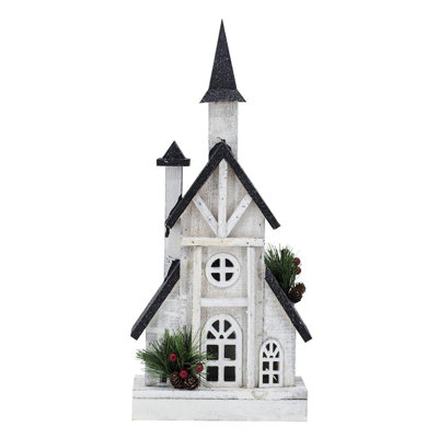 Wooden House with Light - 8.3x4x19" - White/Black