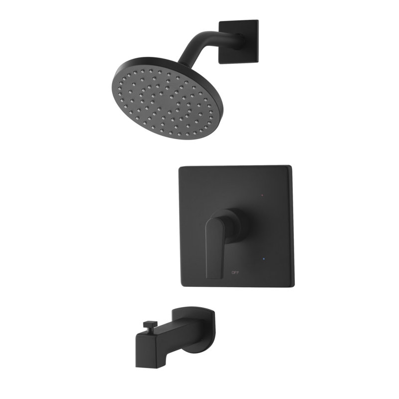 Système de garniture de douche de la collection Dean: pomme de douche ronde de 6 po, ensemble de poignées simples, bec de baignoire et soupape brute inclus - noir mat