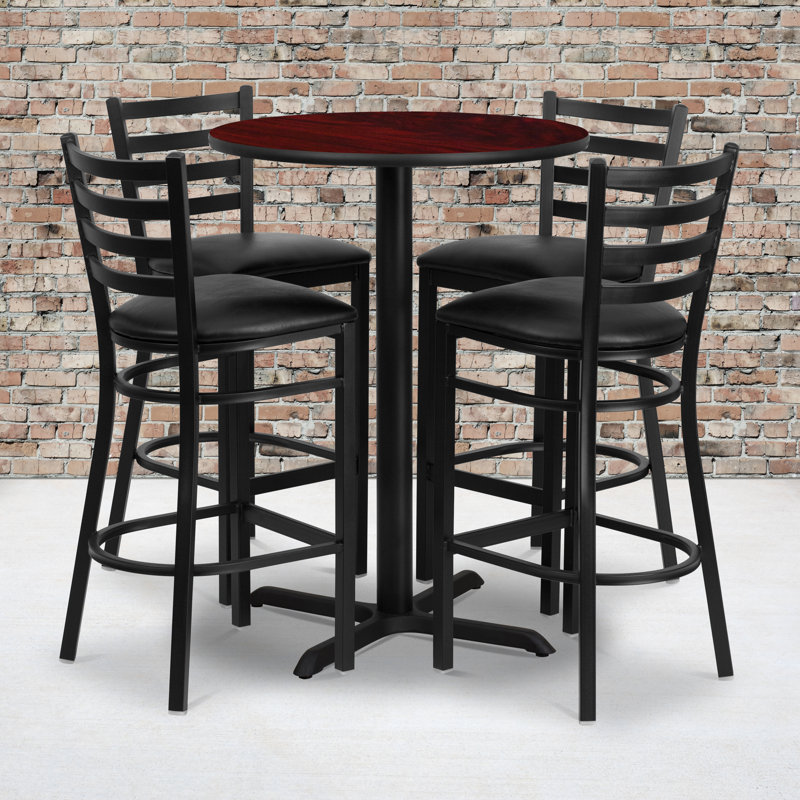 Carlton 30'' Round Laminate Table Set with X-Base and 4 Ladder Back Metal Barstools, Black, Mahogany