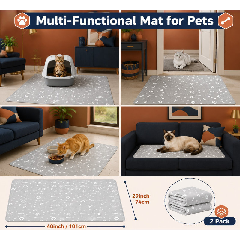 This gray 2-pack includes large 40 x 29 in litter trapping mats that catch litter and protect floors from urine; each mat has a non-slip bottom and is waterproof, urine-proof, machine washable, and easy to clean.