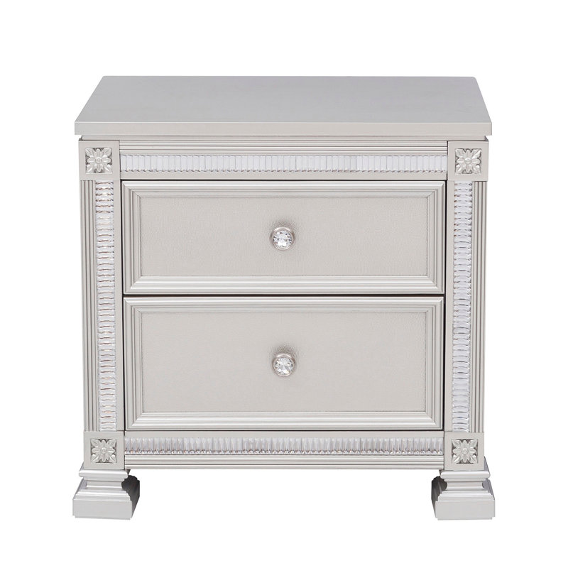 Glamour Design moderne 1Pc Table de chevet de 2X tiroirs en faux boutons de cristal Finition argentée