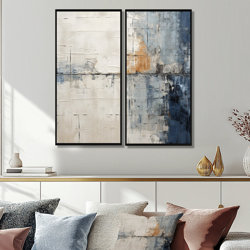 «Abstract Blue Beige Road Collage II», art mural moderne sur toile, 32" H x 32" W, Impression encadrée flottante, Black