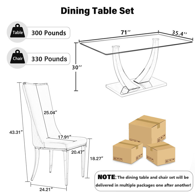 Ensemble de salle à manger à piédestal en verre trempé avec dossier haut, Blanc / or