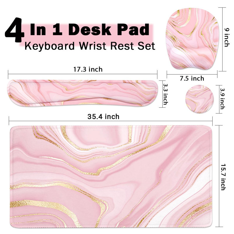 Keyboard Wrist Rest Large Mouse Pad Wrist Support For Computer, 4 In 1 Memory Foam Keyboard Pad Desk Mat Ergonomic Hand Rest Wrist Cushion For Home Office Gaming - Pink Marble