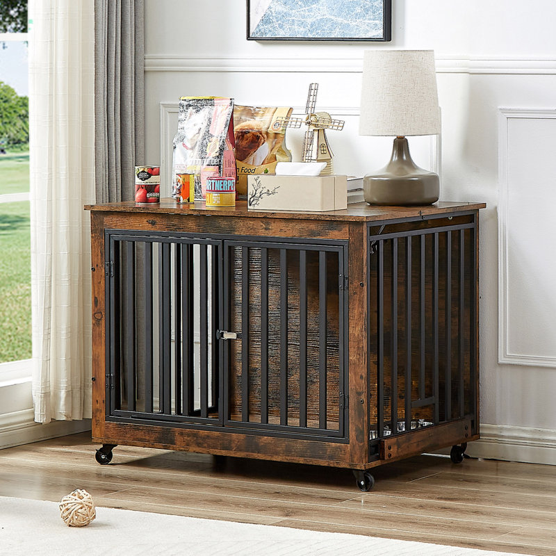 Table d'appoint avec cage pour chien Furniture Style, H 27,09 po x l 38,5 po x P 25,33 po, Brun rustique