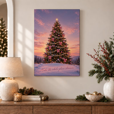 Arbre avec des arcs roses et des montagnes enneigées au coucher du soleil, art mural sur toile