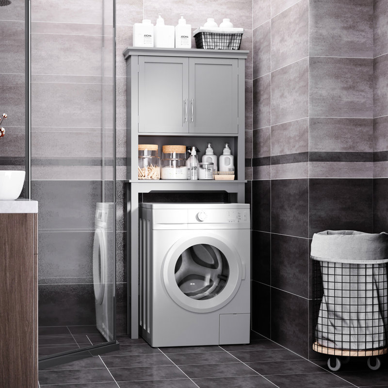 Organisateur de salle de bain moderne au-dessus de la toilette en gris, avec tablette réglable et armoire ouverte pour un rangement optimal - vernis à ongles intérieur