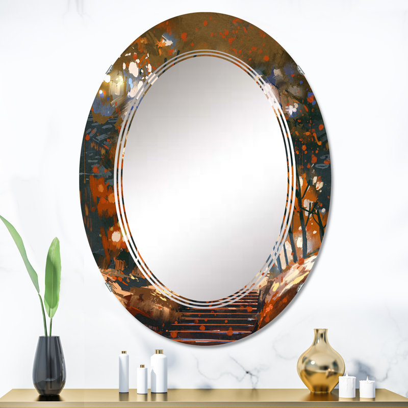 Escalier avec arbres dans le parc - miroir mural traditionnel ovale, 36 po x 24 po