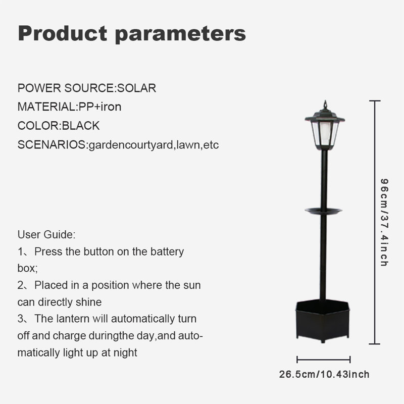 Lampadaire solaire 37,4 "avec pot à fleurs et mangeoire à oiseaux (conception 3 en 1) - IP44 imperméable, marche / arrêt automatique, capteur de crépuscule à l'aube pour le jardin, la cour, le sentier - Décoration extérieure facile à installer