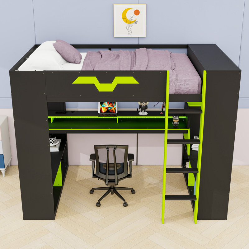 Full-Size RGB Gaming Loft Bed with Integrated Power Hub and Ergonomic Workstation, Green