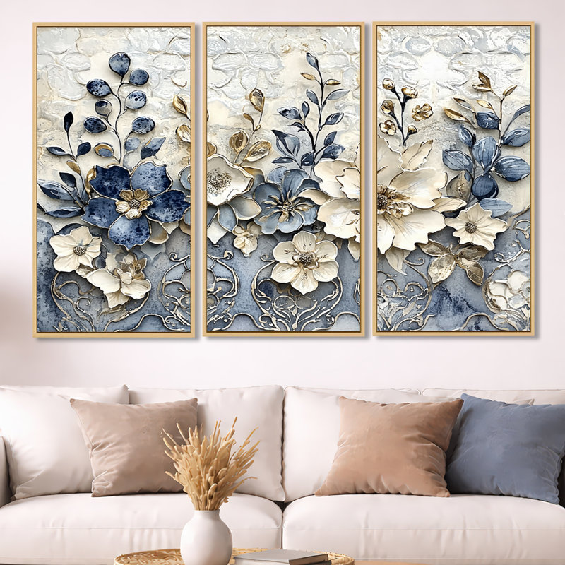 «White and Blue Floral Abstract Tiles II», ensemble d'art mural fleurs, H 40 po x l 60 po x P 1 po