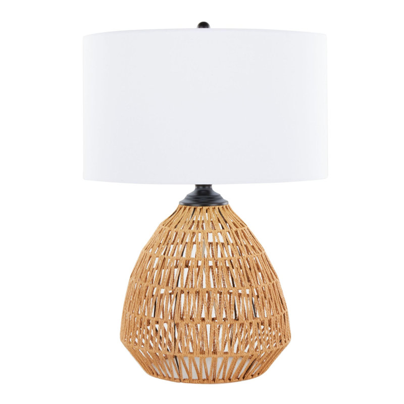 Lampe de table contemporaine en rotin 29 po, rotin corde naturelle et métal noir mat avec abat-jour en lin blanc 29 po