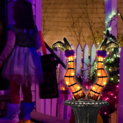 Set Of 2 Halloween Lighted Wicked Orange Witch Legs With Stakes, 22" Light Up Tinsel Halloween Yard Sign Prop Timer & 8 Modes, Battery Operated For Outdoor Party Haunted House Garden Décor