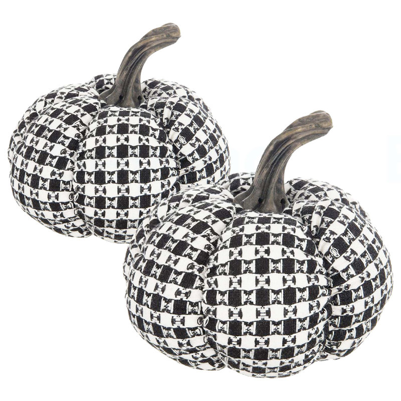 Ensemble de 2 décorations de citrouilles en tissu écossais noir et blanc de 7 x 7 x 6,7 po pour les fêtes d'Halloween