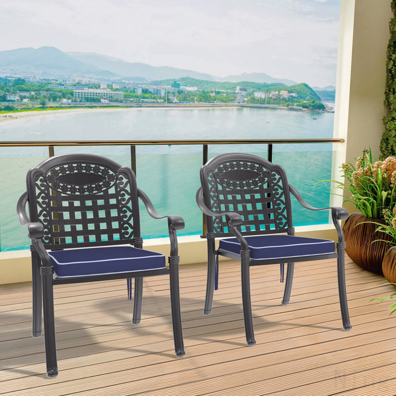 Chaise de patio en fonte d'aluminium avec structure et coussins noirs, Bleu, 2