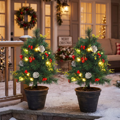 Ensemble de 2 sapins de Noël artificiels 24 po préinstallés sans cordon avec 24 lumières et piquets blanc chaud