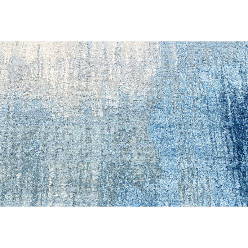 High-Quality Hand-Knotted Blue And Light Blue Area Rug, Rectangle 10' x 14'