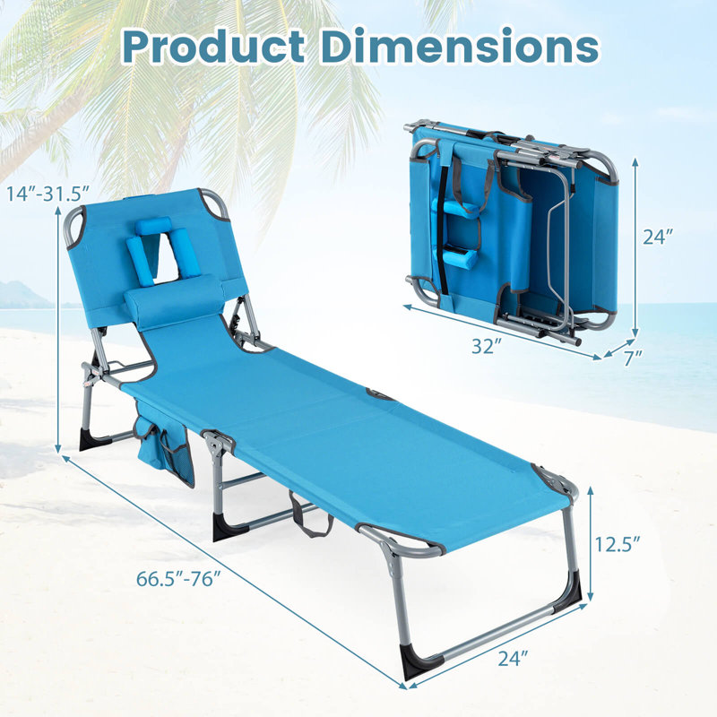 Chaise de bronzage, chaise longue portative avec dossier réglable à 4 positions bleu marine, Bleu