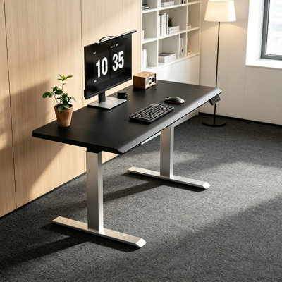 Bureau électrique noir mat à hauteur ajustable, structure en métal avec contrôle à boutons, poste de travail minimaliste