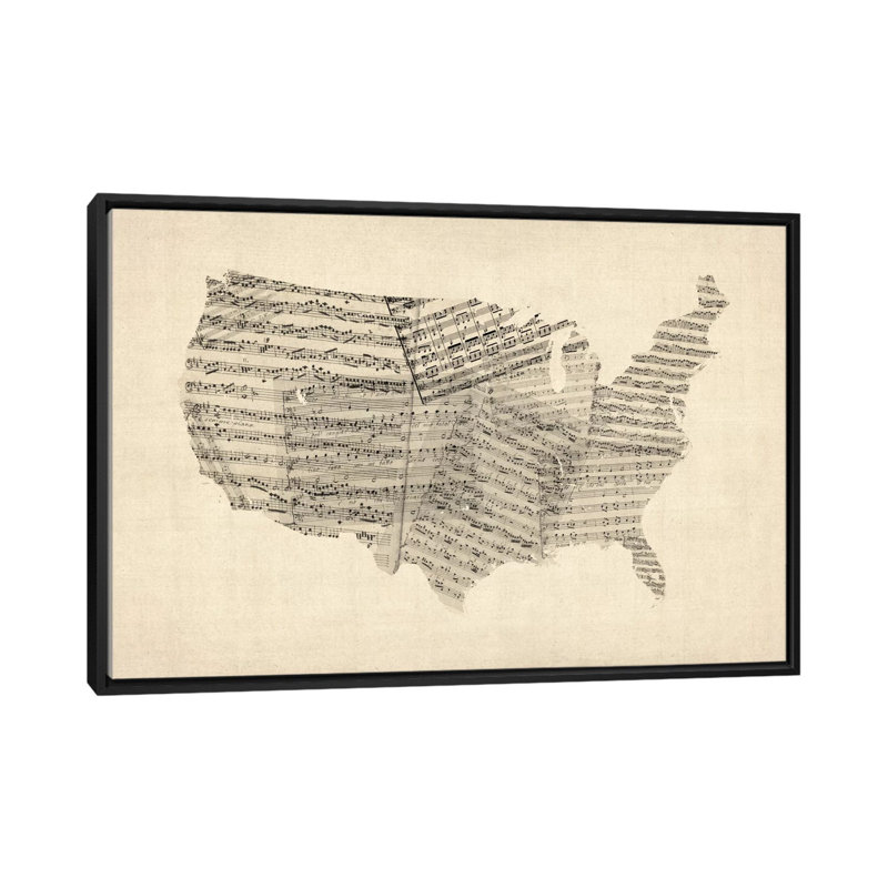 «États-Unis feuille de musique carte» par Michael Tompsett, impression sur toile tendue, H 18 po x l 26 po x P 1,5 po