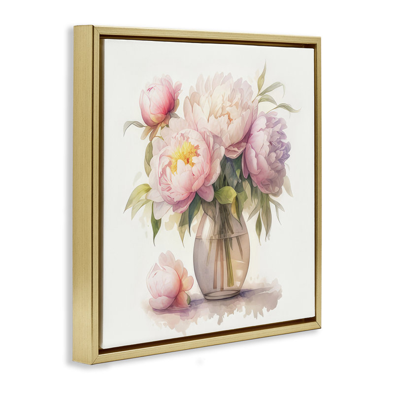 "Blush Pe pivoine", art mural sur toile flottante par LSR Design Studio, Cadre flottant métallique doré, H 25 po x l 25 po