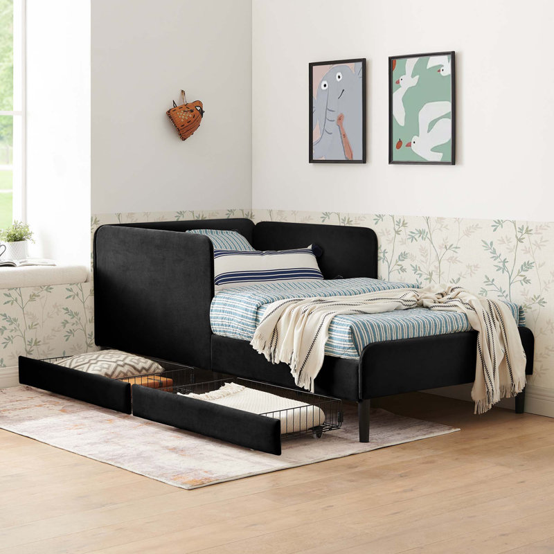 Upholstered Platform Bed Frame with 2 Storage Drawers,Adjustable Velvet Sofa Bed, Twin, Black