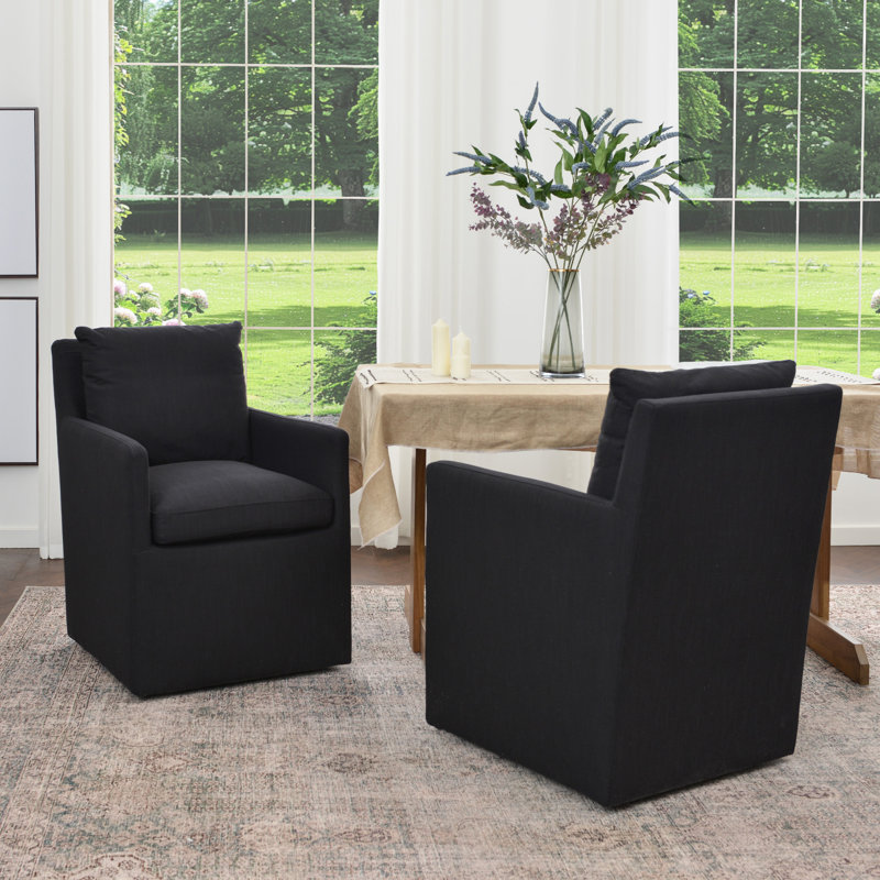 Cathlino 25" Wide Modern No Assembly Upholstered Linen Down Fill Dining Armchair with Interchangeable Casters & Fixed Feet (Set of 2)