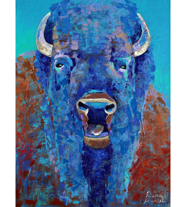 «Bellowing Bison» par Dara Daniel - Peinture, Toile tendue, Pas de tapis, H 24 po x l 18 po