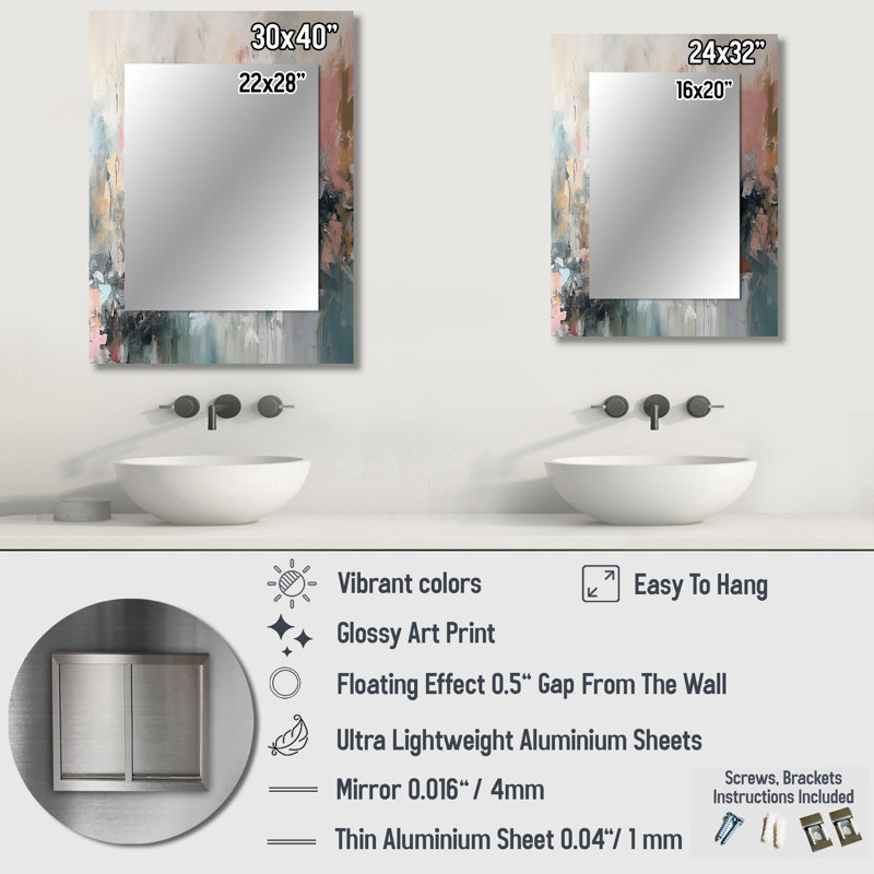 Brushstroke, peinture abstraite I - grand collage abstrait, miroir mural crème, impression sur métal, 32 po x 24 po