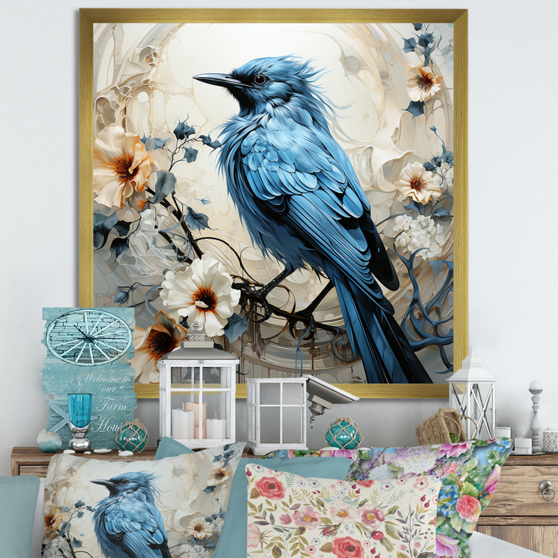 Oiseau bleu fleurs minimalistes I - animaux, impressions murales FDP107160, H 16 po x l 16 po x P 1 po, Or