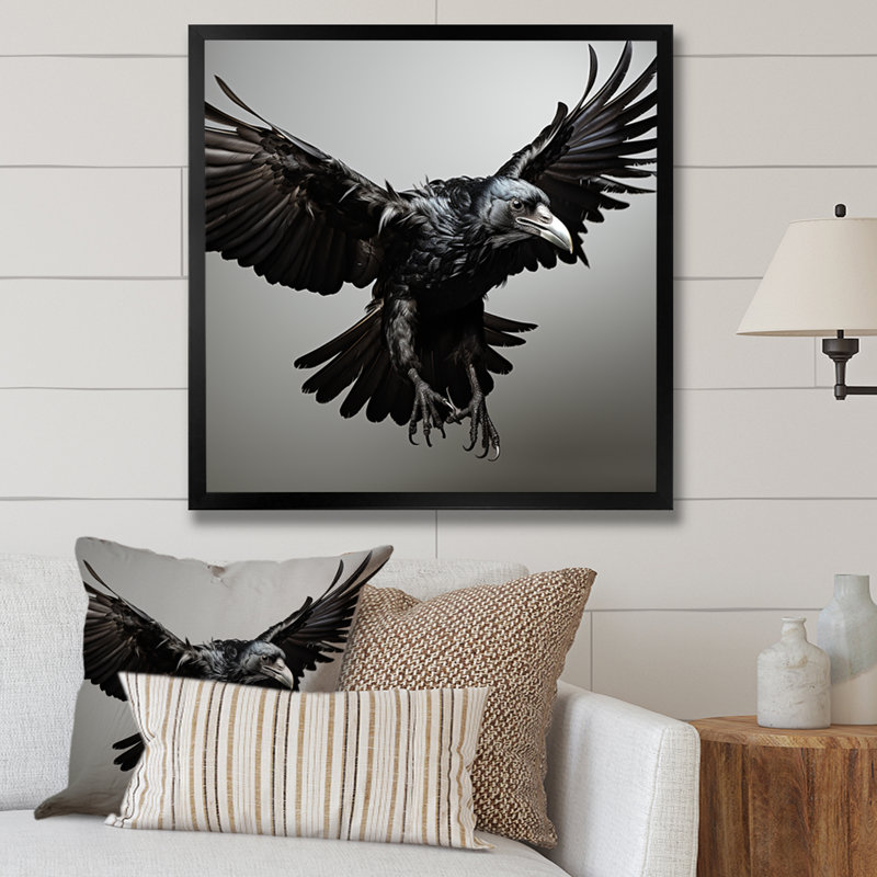Gris et noir Raven en vol II - art mural animal corbeau, Cadre simple noir, H 36 po x l 36 po x P 1,5 po