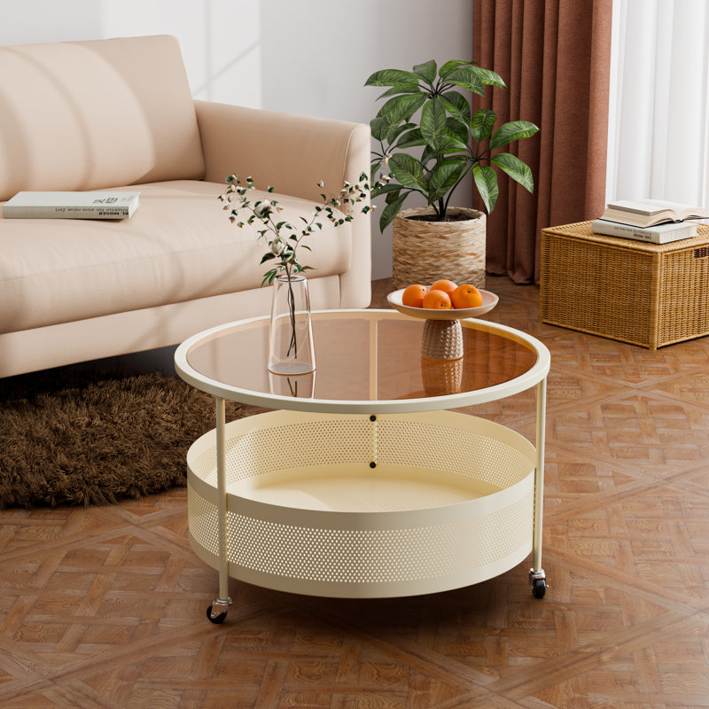 Metal Mesh Coffee Table with Tempered Glass for Living Room, Study Frame & Easy Assembly, Amber Top/ Cream Base
