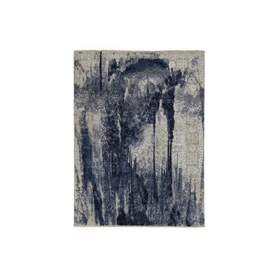 6'x8'10" Blue Wool and Silk Japanese Shibori Design Hand Knotted Rug 9B123BA160F94B4FAE7290388698C401
