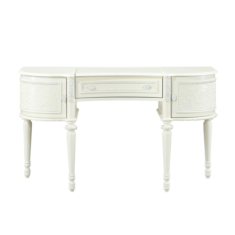 Ivory Pine Wood Vanity Desk with Mirror and Floral Trim