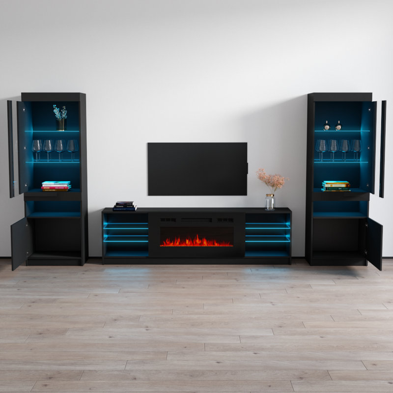 Delaine 126" Modern Entertainment Center with Electric Fireplace, High Gloss Finish, Media Storage, Black