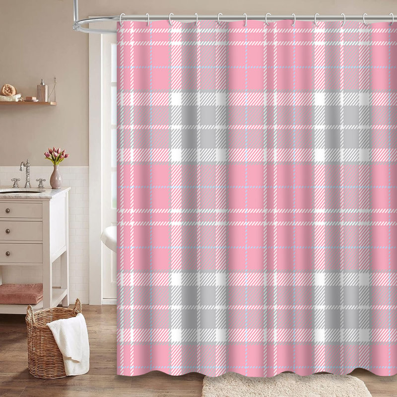 Rideau de douche en tissu à carreaux rose avec 12 crochets, L 72 po x l 72 po