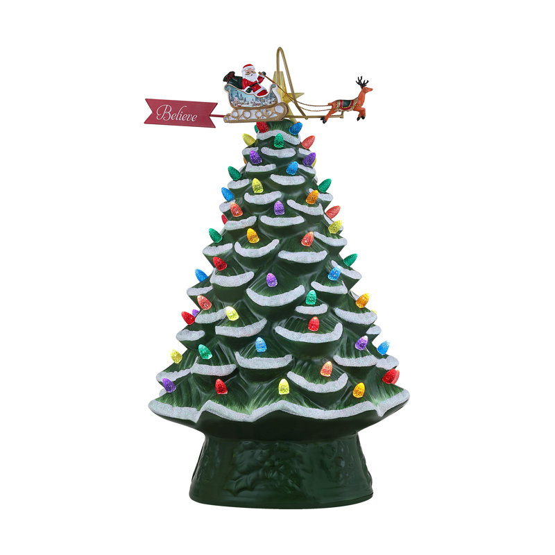 Arbre en céramique 16 po avec traîneau du Père Noël animé, collection Nostalgic 90th Anniversary - vert