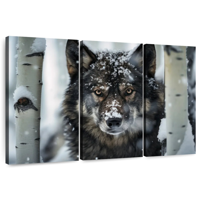Loup noir Brampt avec des trembles dans la neige, H 36 po x l 57 po