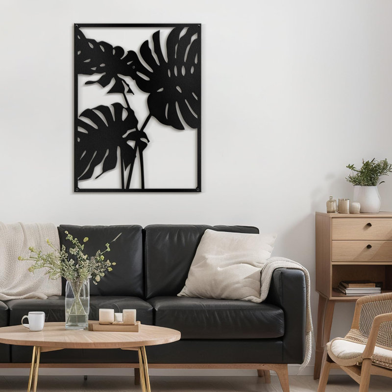 Three Tropical Monsteras Leaf Minimalist Modern Abstract Accent Sculpture, H 18 po x l 13,43 po x P 0,05 po, Noir