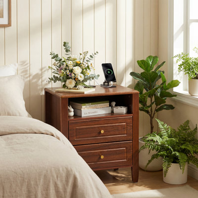 Modern Bedside table with Charging Station, 2 Drawers & Open Shelf Bedside Table - Compact End Table, Tapered Legs, Gold Knobs - Maple Wood