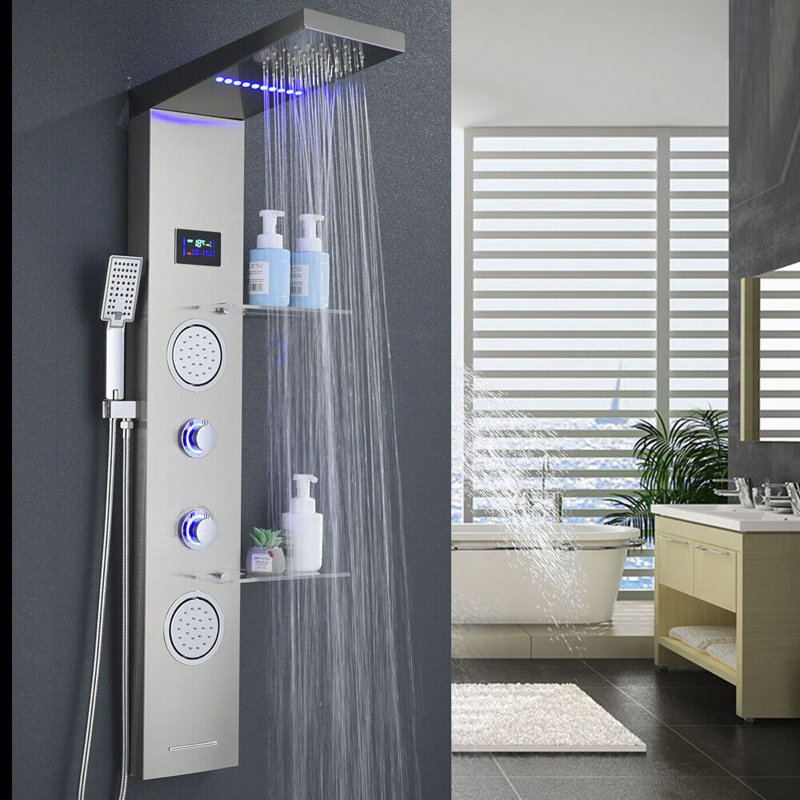 Ensemble de robinet de douche à 5 fonctions en acier inoxydable avec panneau de douche en nickel brossé à affichage numérique avec support de douche à jet de massage, fixation murale et tablettes