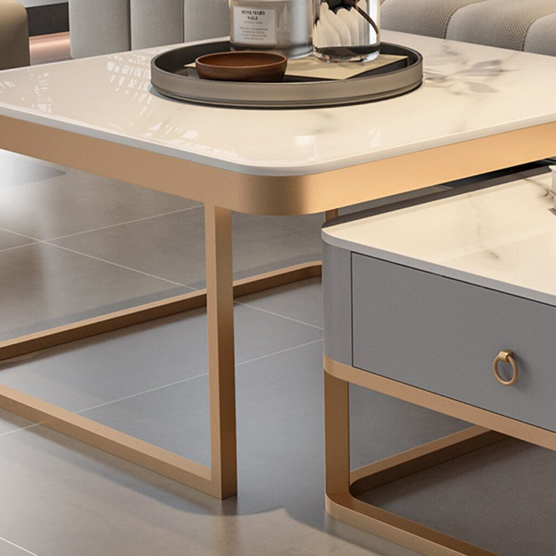 Table basse simple et moderne, H 17 po x L 27,55 po x l 27,55 po, Blanc / Gris, Gold