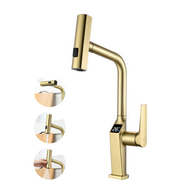 Touchless Brushed Nickel Kitchen Faucet with LED Display, Motion Sensor Kitchen Sink Faucet with 3-Function Pull-Out Sprayer & 360° Swivel Spout