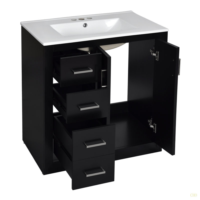 Ensemble de meuble-lavabo 30 po avec lavabo en céramique, armoire de rangement en bois massif, ensemble de meuble-lavabo autoportant avec 3 tiroirs et portes à fermeture douce