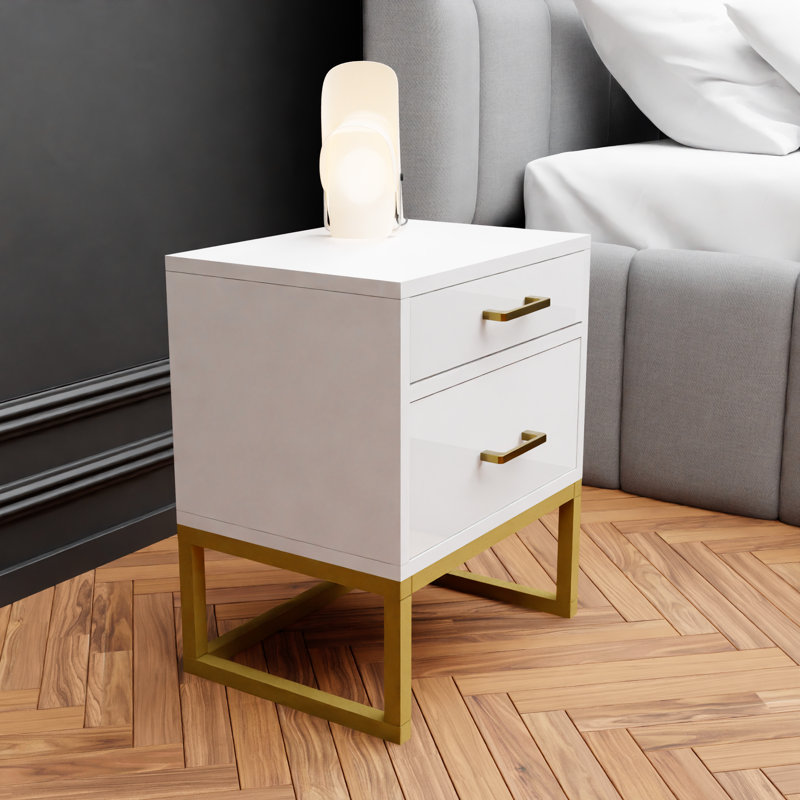 Mekenna 40cm W Metal Bedside Table, Glossy White/Gold